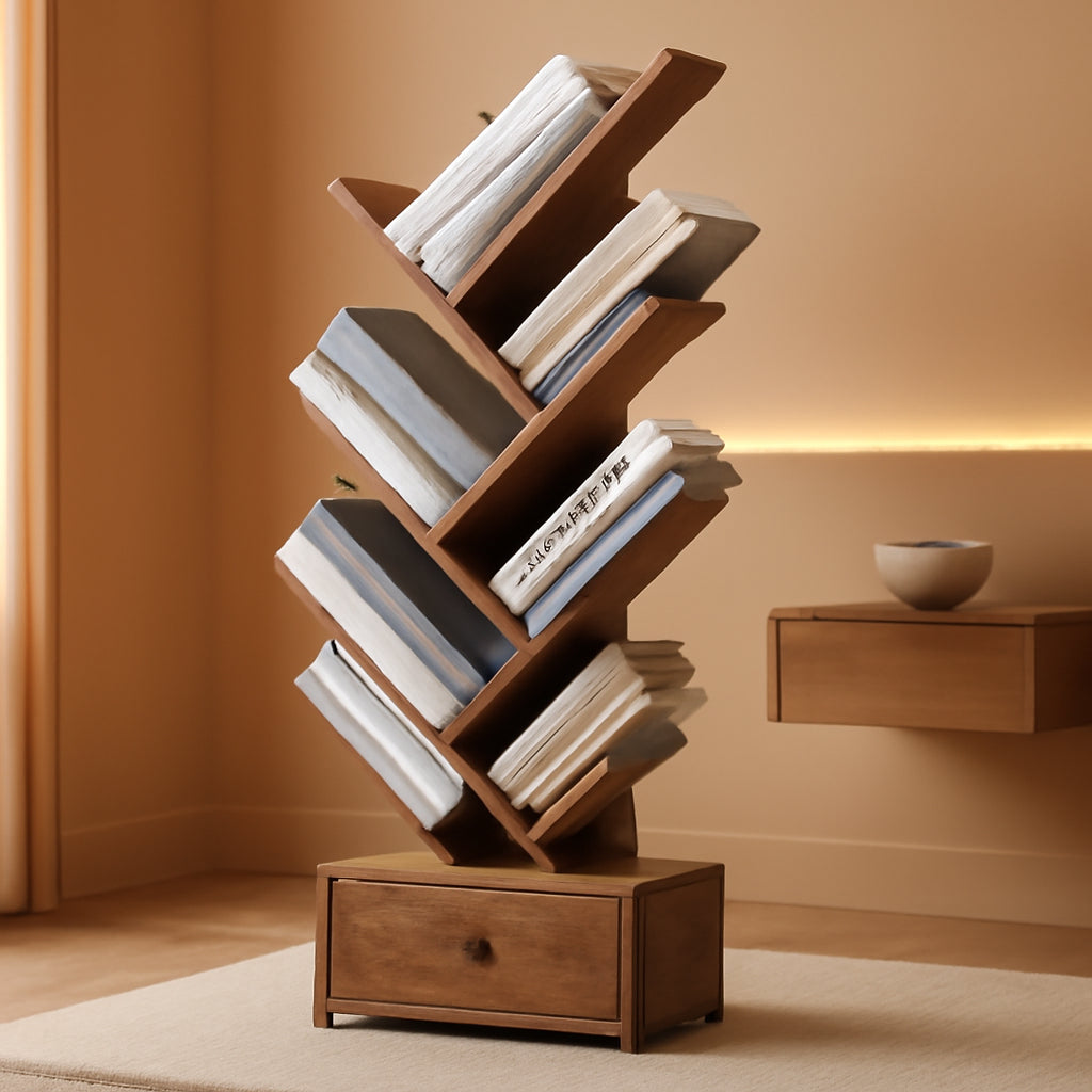 9 Tier Tree Book Shelf With Drawer Rustic Brown Narrow