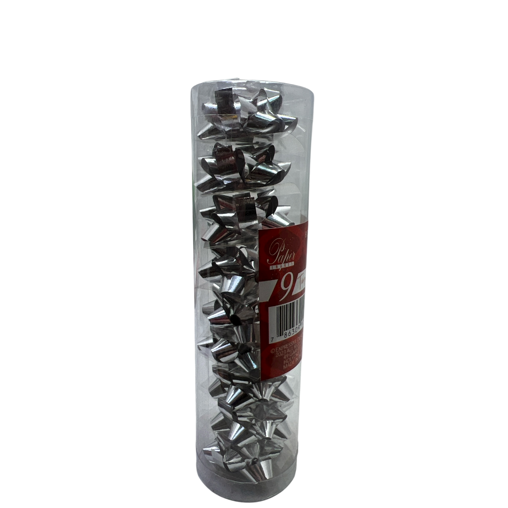 9 Tiny Metallic Bows In A Tube - Silver Metallic