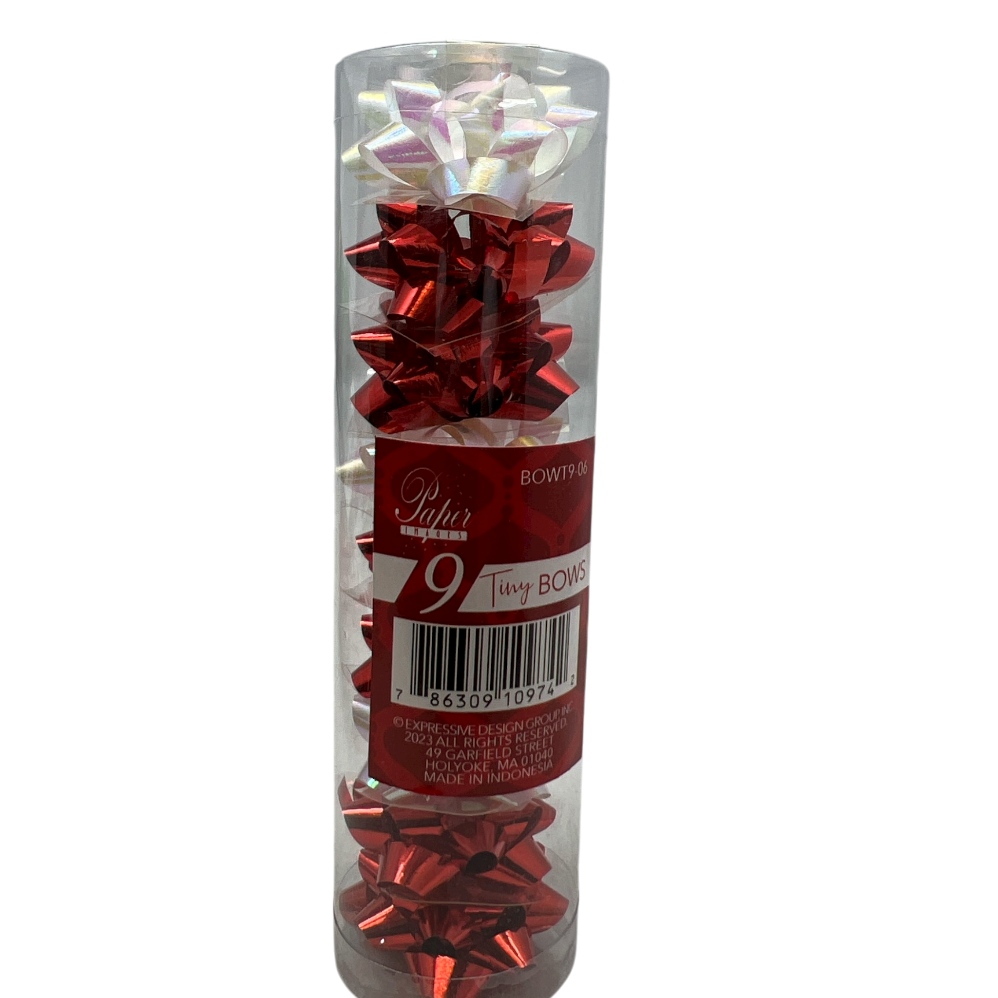 9 Tiny Metallic Bows In A Tube - White Pearlized/Red Metallic