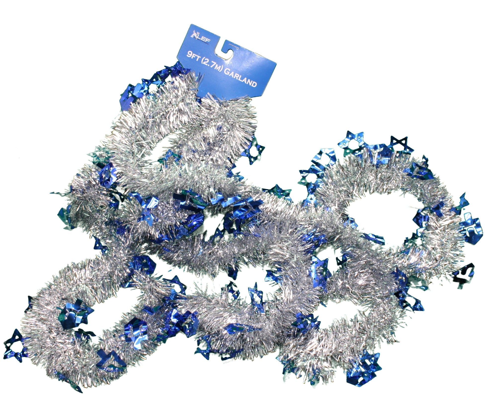 9 foot Hanukkah Tinsel Garland with Die Cut Shapes - White
