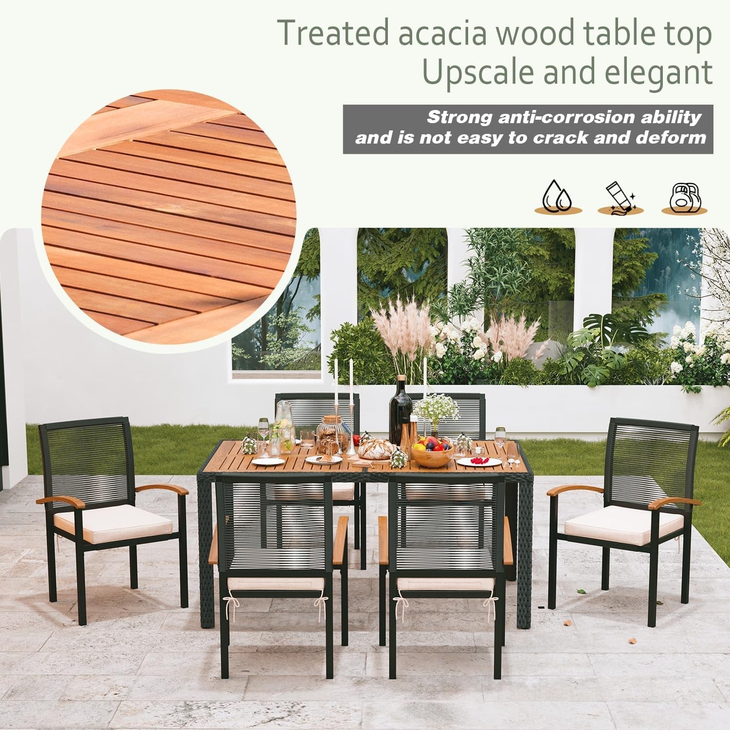 AERBUSKE 7 Piece Patio Outdoor Table And Chairs Set With Acacia Wood Table Top