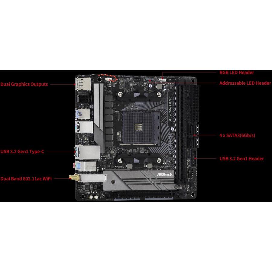ASRock A520M-ITX/ac Desktop Motherboard - AMD A520 Chipset - Socket AM4 - Mini ITX