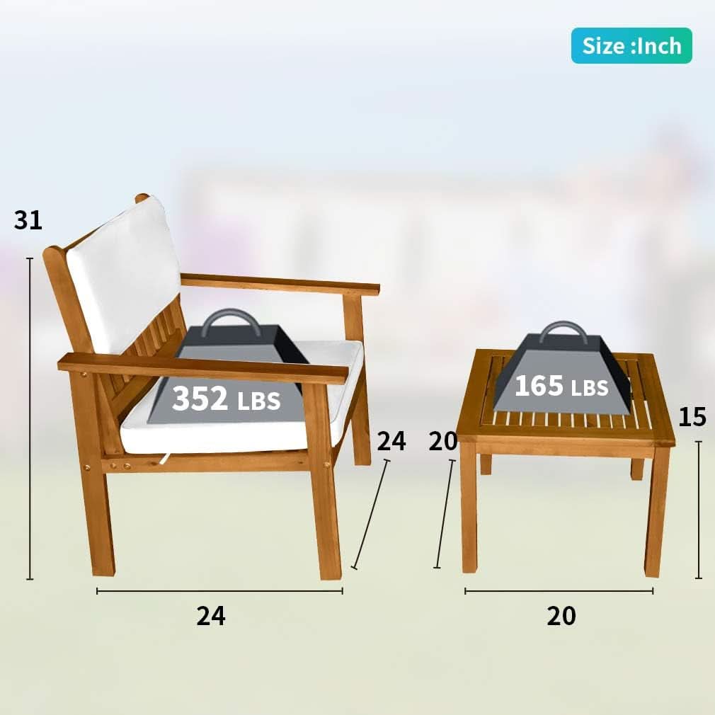 Acacia Wood 3 Piece Patio Bistro Set Cushions Coffee Table