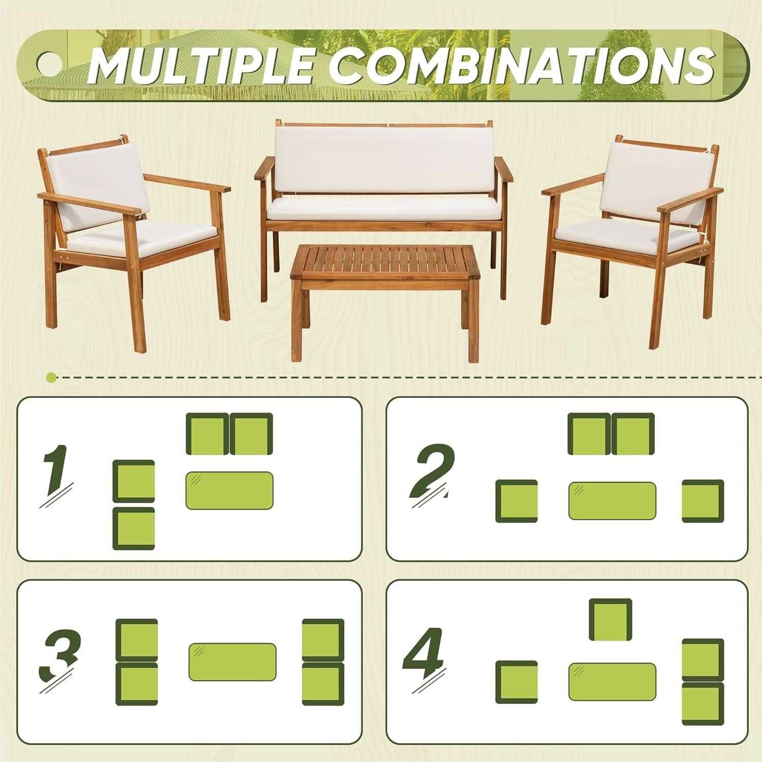 Acacia Wood 4 Piece Patio Conversation Set With Cushions