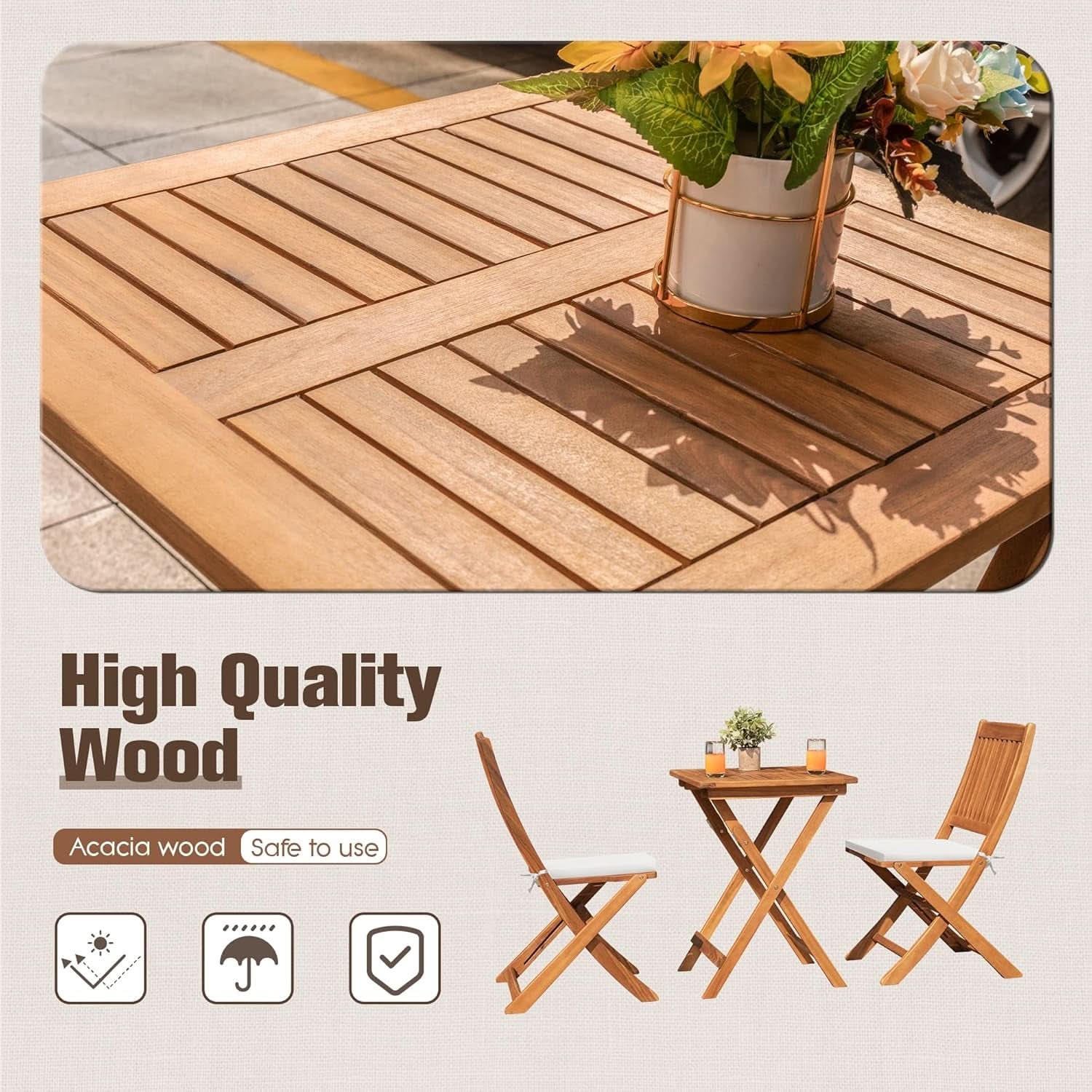 Acacia Wood Outdoor Folding Patio Bistro Set 3 Piece Table And Chairs