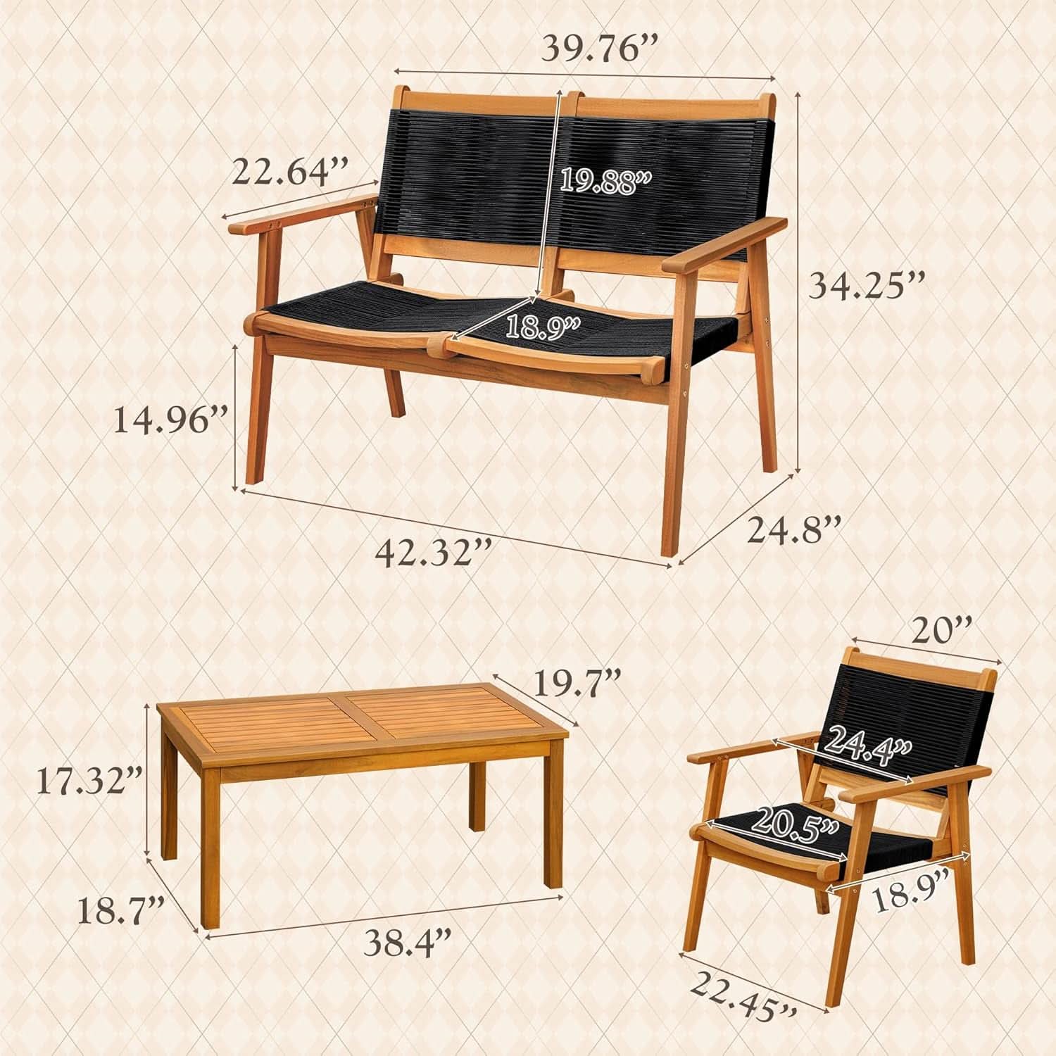 Acacia Wood Patio Conversation Set with Comfortable Rope Seats