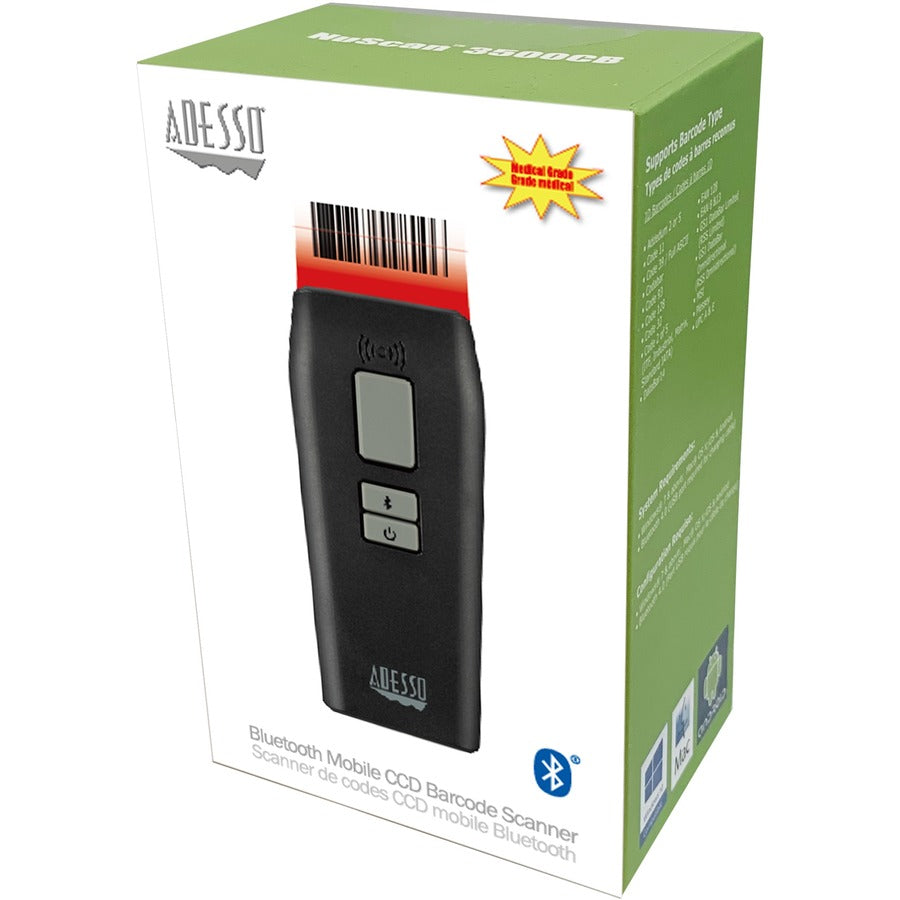 Adesso NuScan 3500TB Bluetooth Antimicrobial Waterproof 2D Barcode Scanner