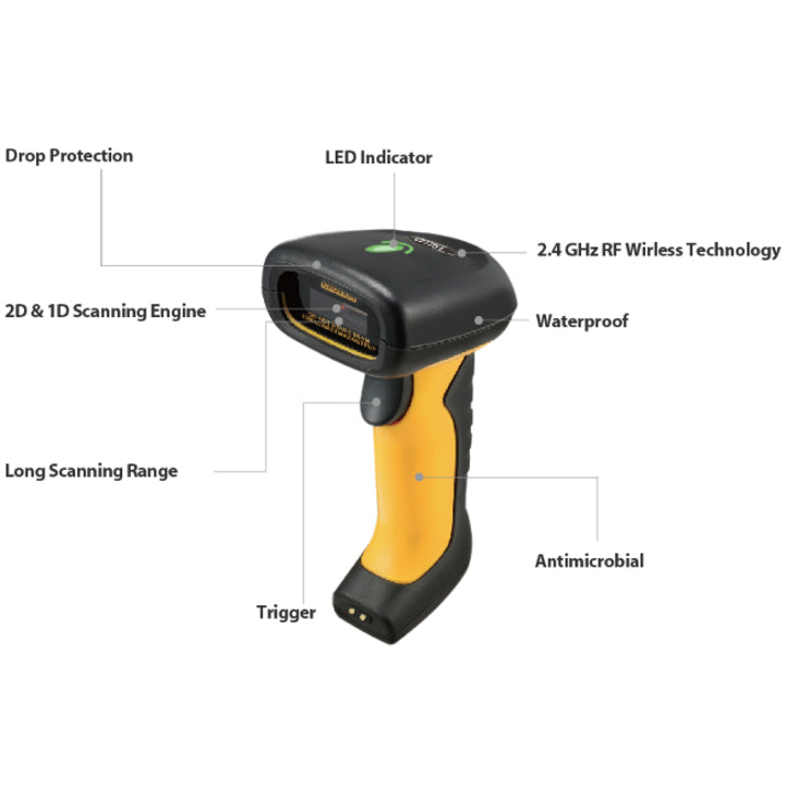 Adesso NuScan 5200TR - 2.4GHz RF Wireless Antimicrobial & Waterproof 2D Barcode Scanner