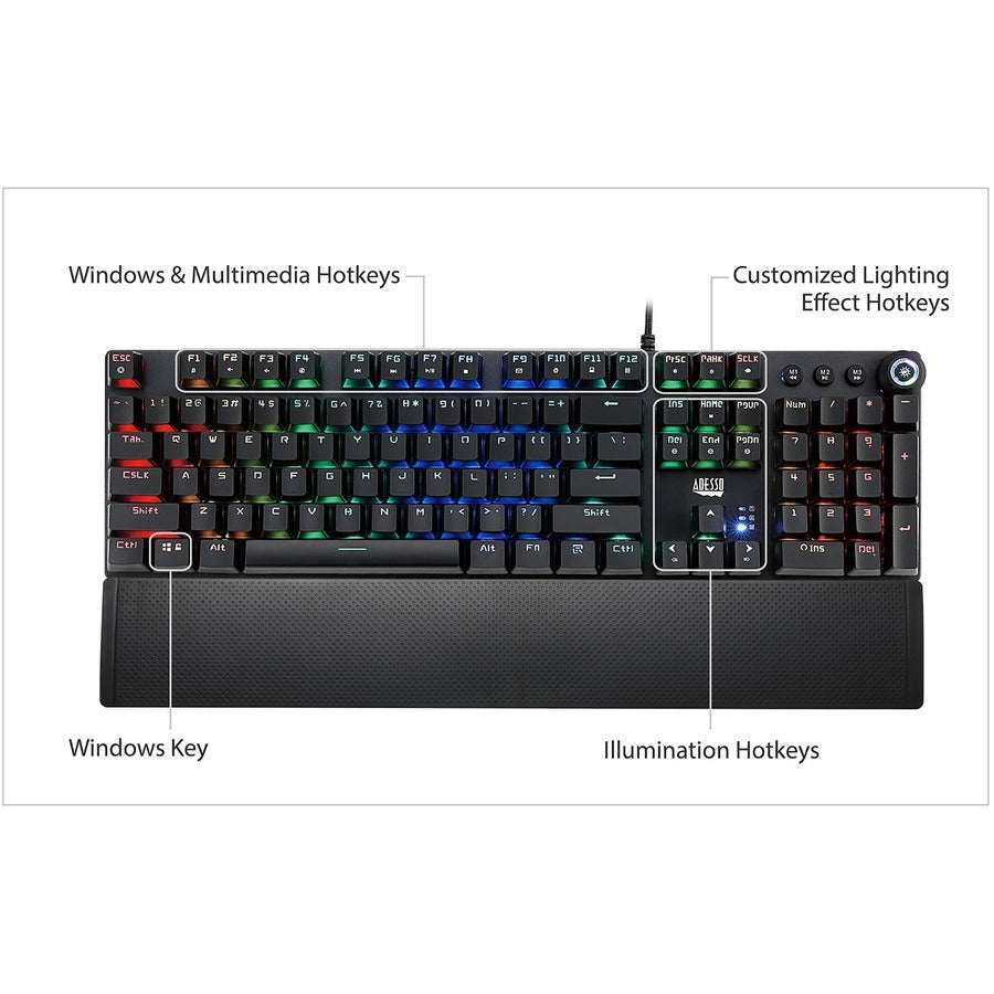 Adesso RGB Programmable Mechanical Gaming Keyboard with Detachable Magnetic Palmrest AKB-650EB