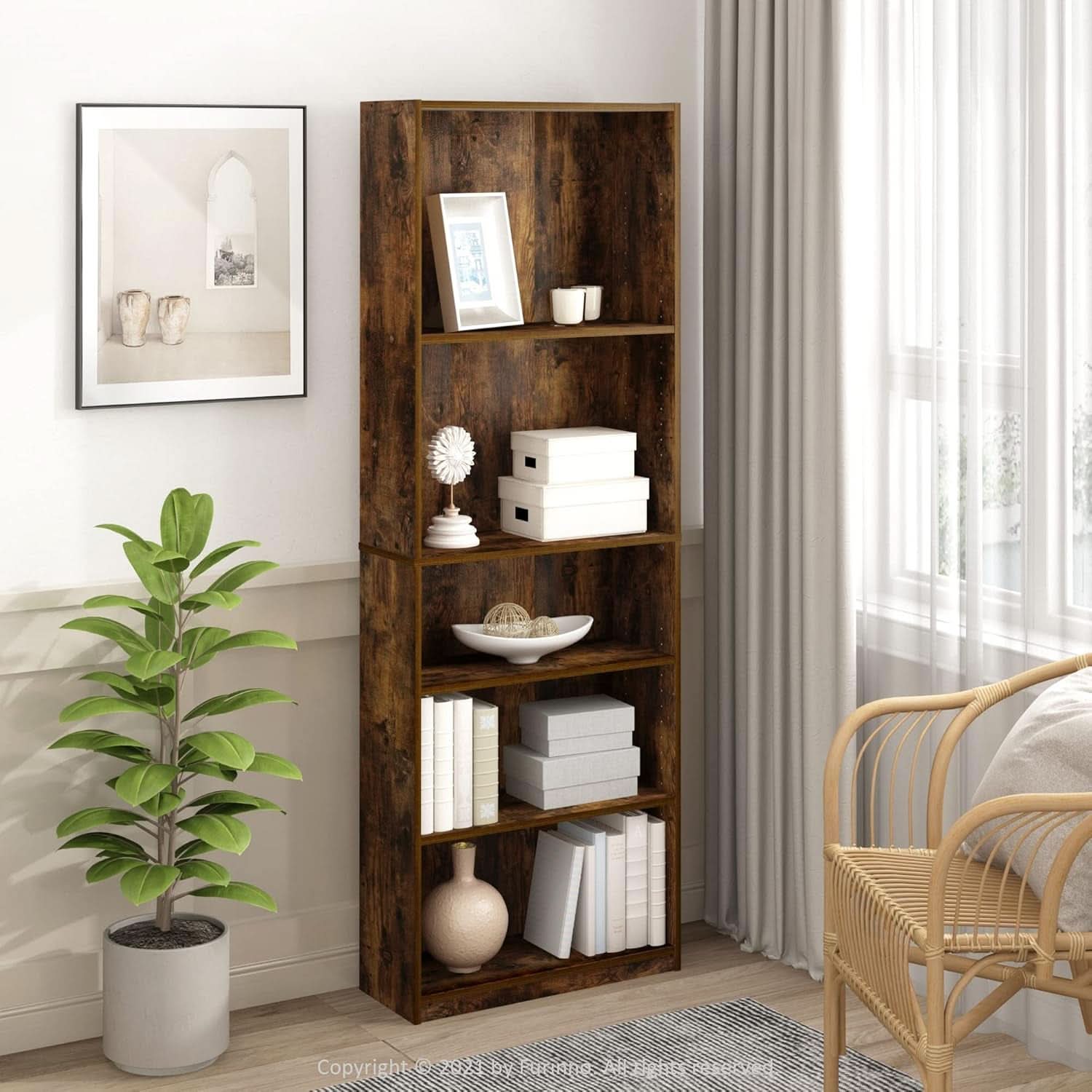 Adjustable 5 Tier Amber Pine Bookcase Living Room Storage