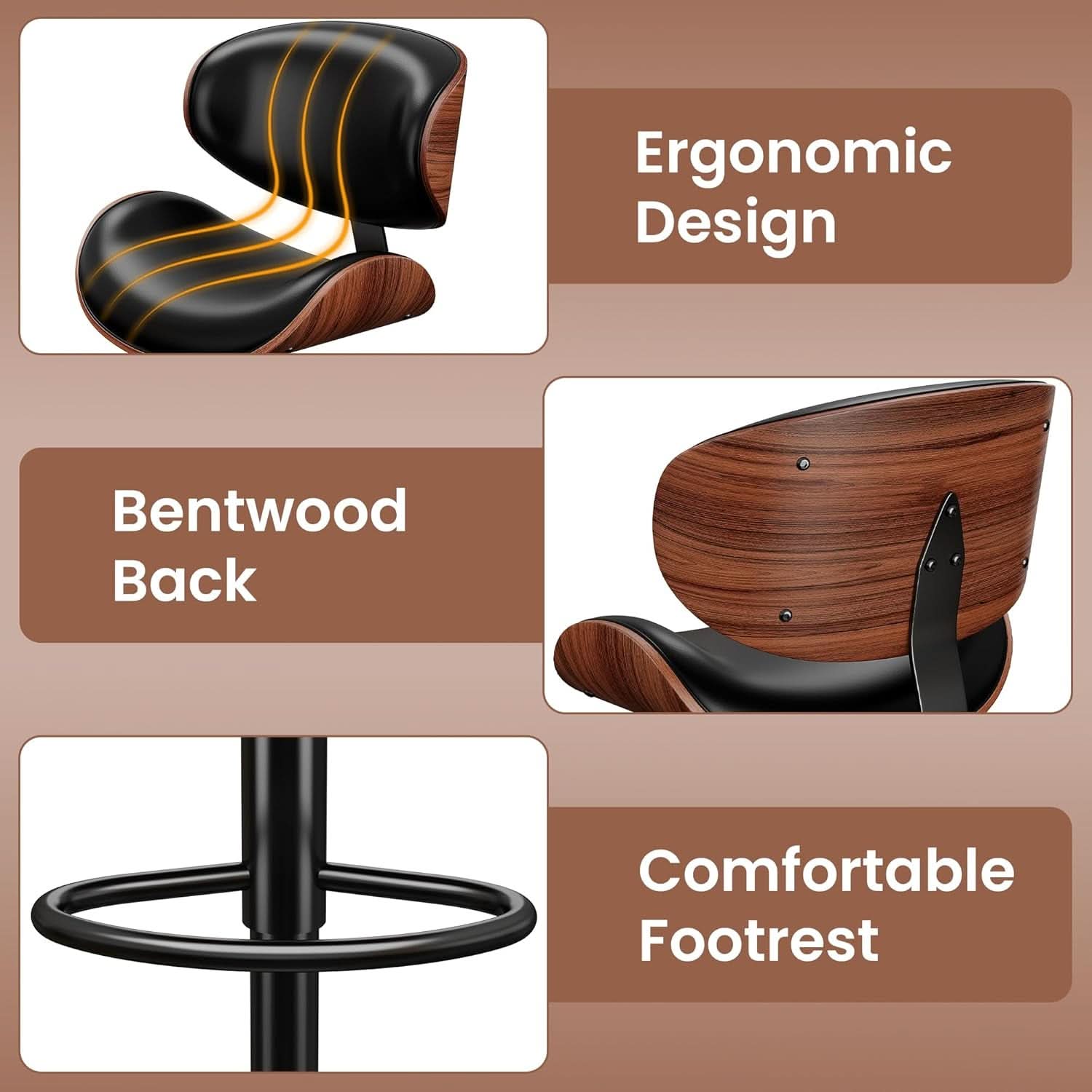 Adjustable Bentwood Bar Stools Set Of 2 PU Leather Upholstery