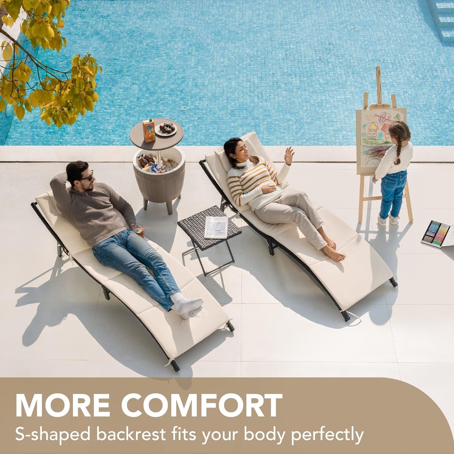 Adjustable Outdoor Rattan Chaise Lounge Set With Table