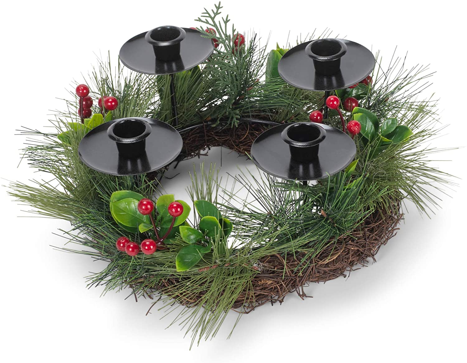 Advent Wreath with Metal Candle Holder - Pine with Berries