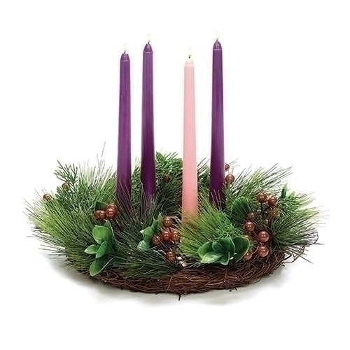 Advent Wreath with Metal Candle Holder - Pine with Berries
