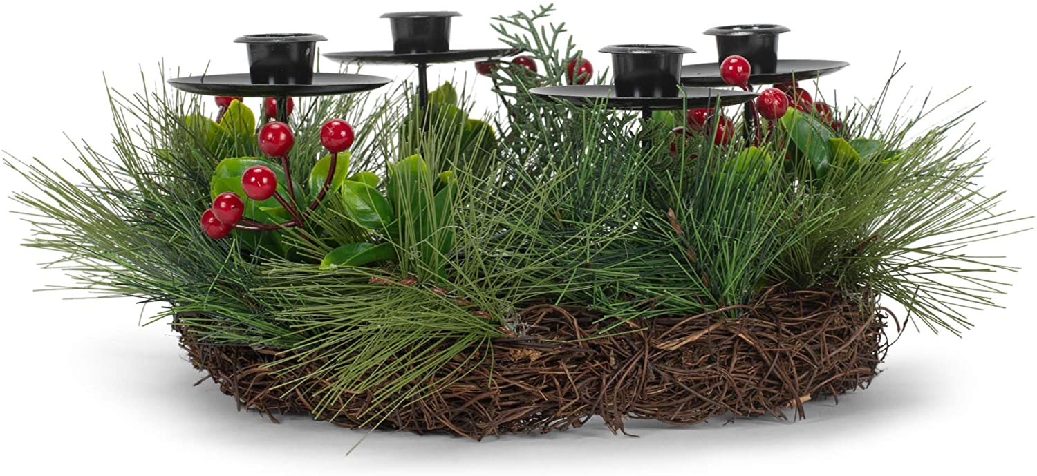 Advent Wreath with Metal Candle Holder - Pine with Berries