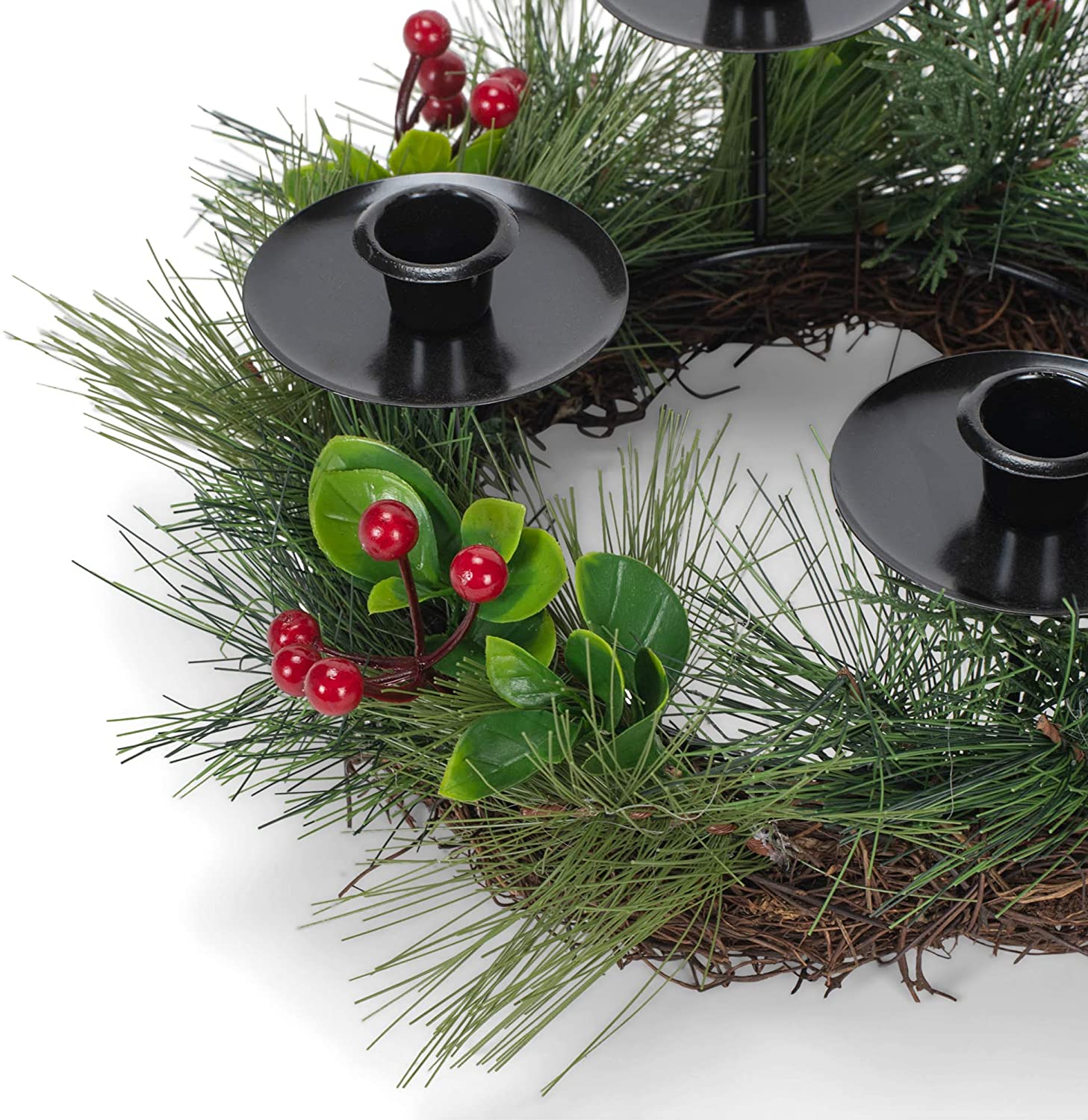 Advent Wreath with Metal Candle Holder - Pine with Berries
