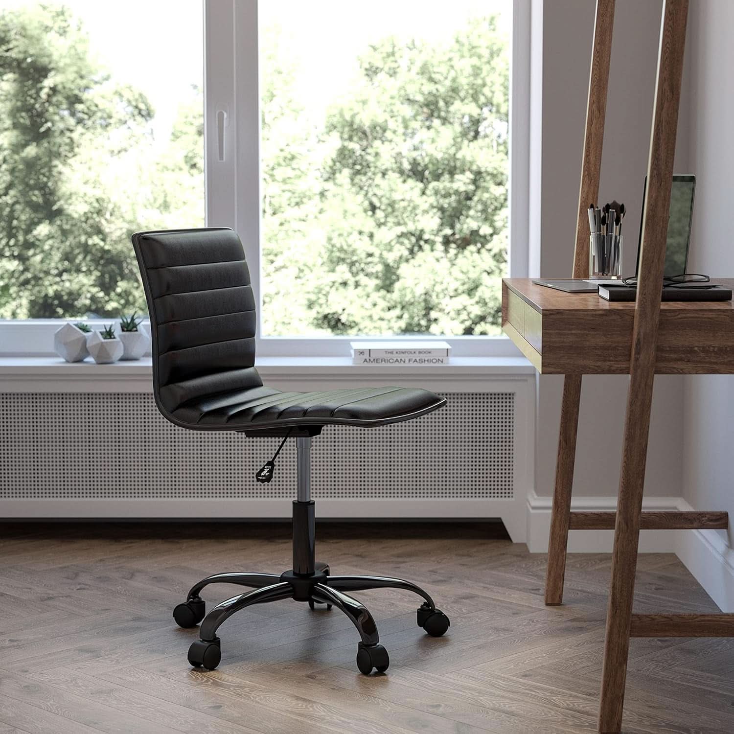 Alan Armless Office Task Chair Black Ribbed Back Modern