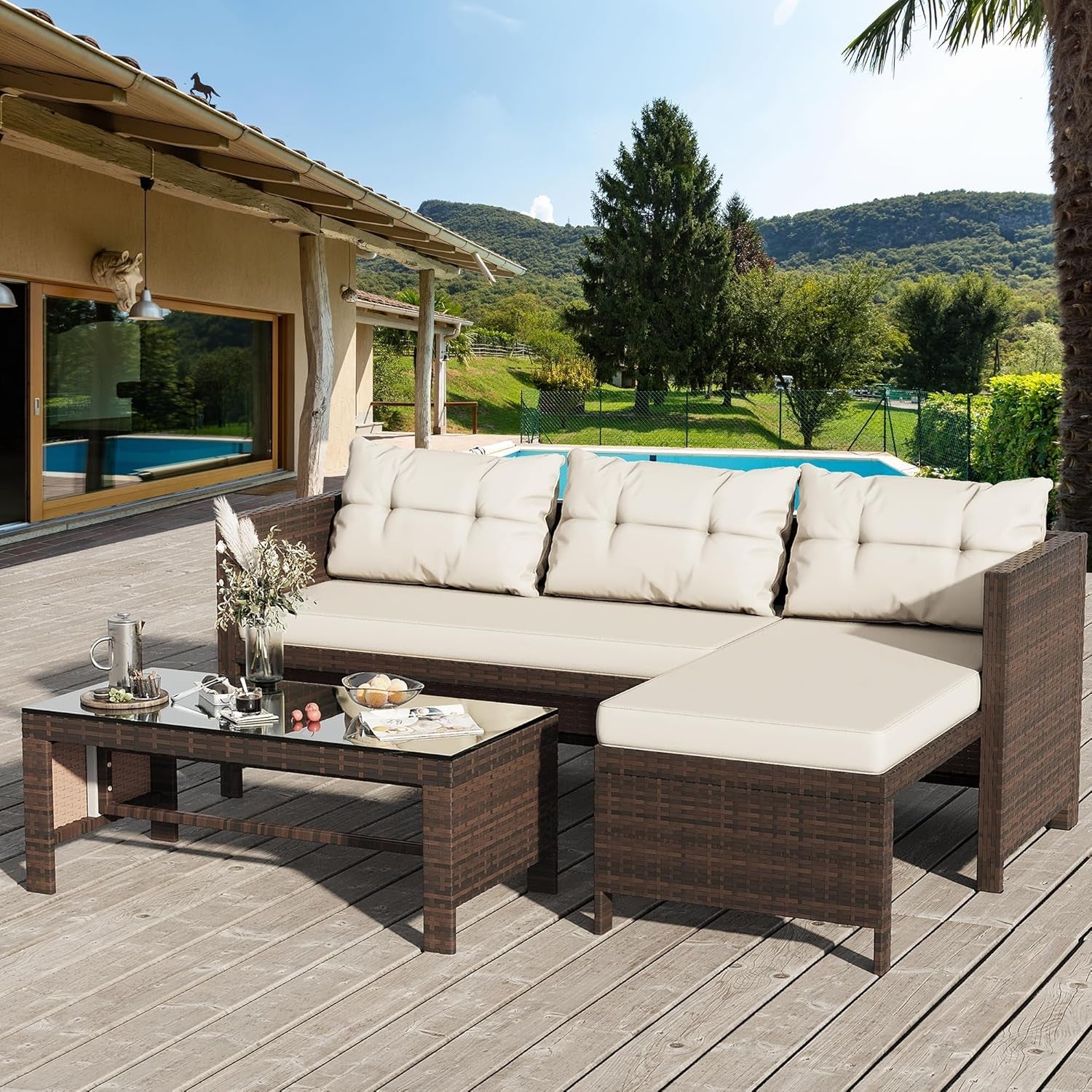 All Weather Wicker Patio Sectional Sofa Set with Table