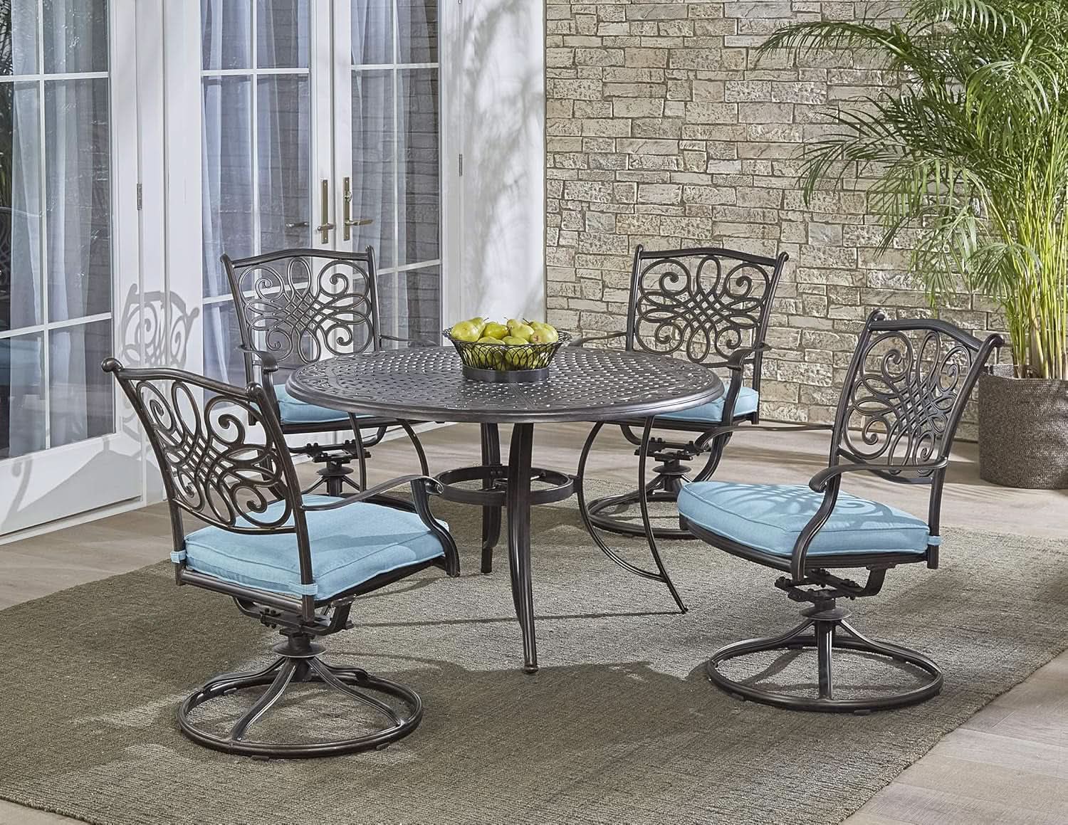 Aluminum Patio Dining Set 5 Piece With Blue Cushions For 4