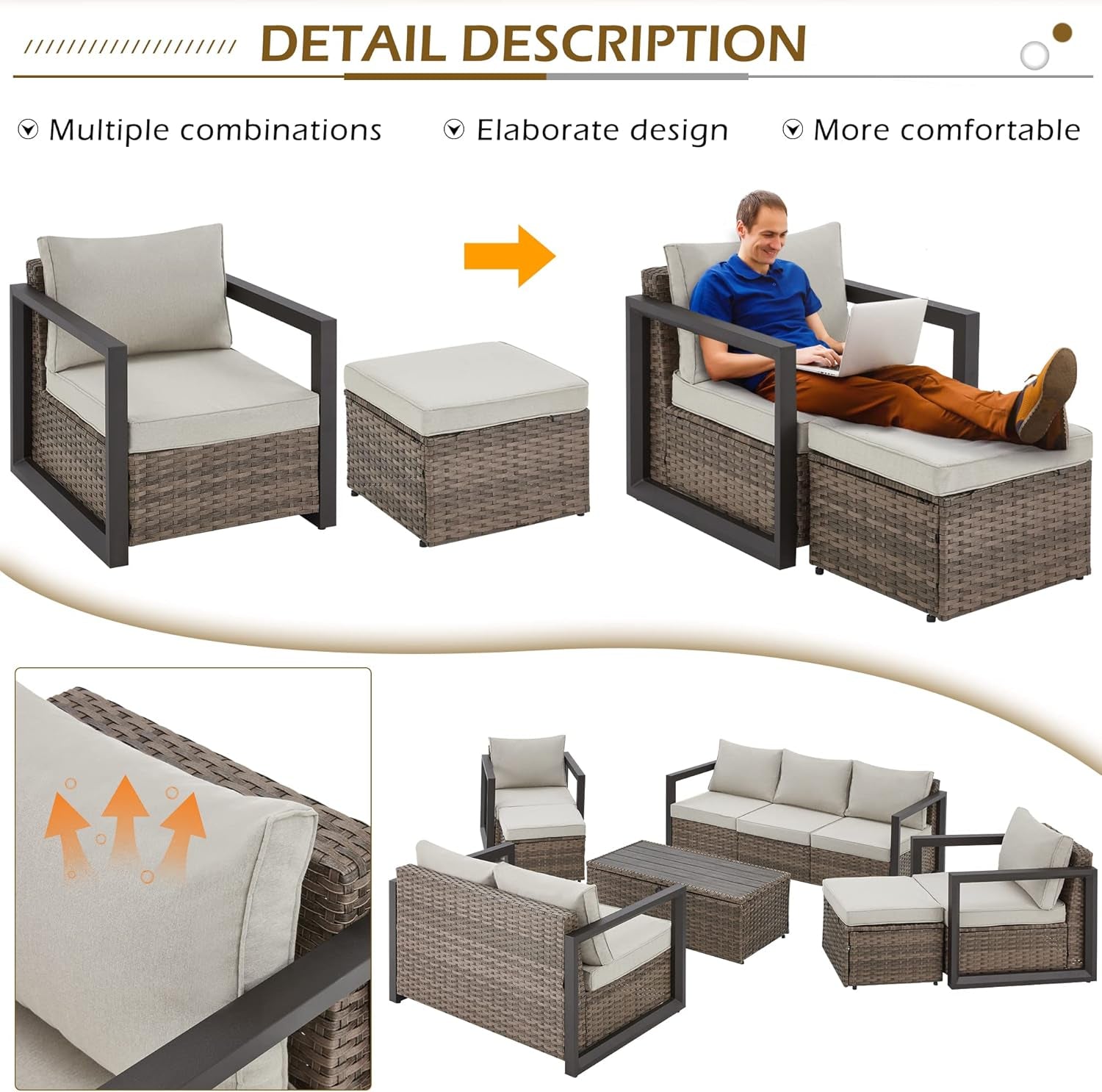 Aluminum Patio Furniture Set with Rattan Sectional Sofa