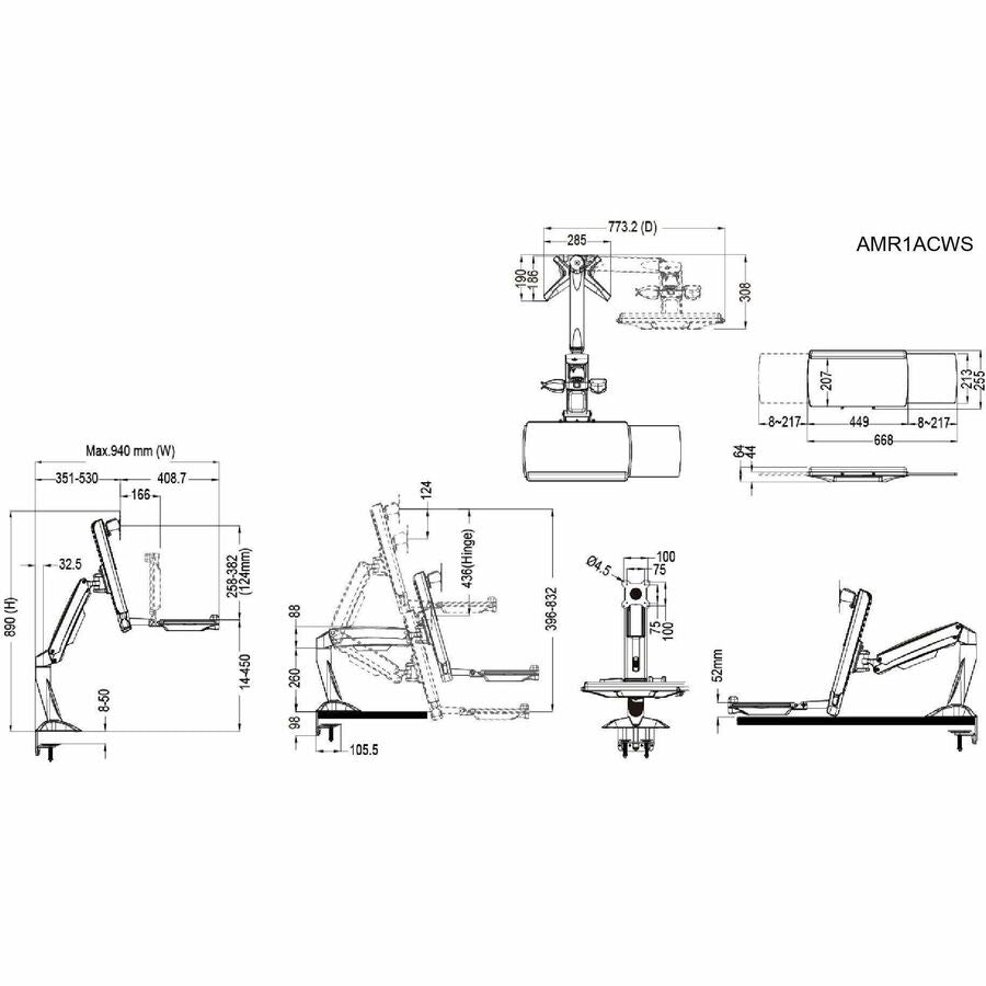 Amer AMR1ACWS Desk Mount for Keyboard, Flat Panel Display, Workstation, Display, Mouse, Scanner - TAA Compliant