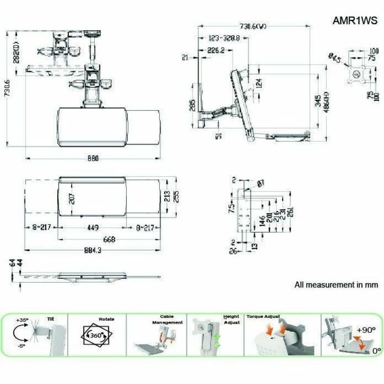 Amer Amr1Ws Wall Mount For Flat Panel Display, Monitor, Keyboard - Taa Compliant
