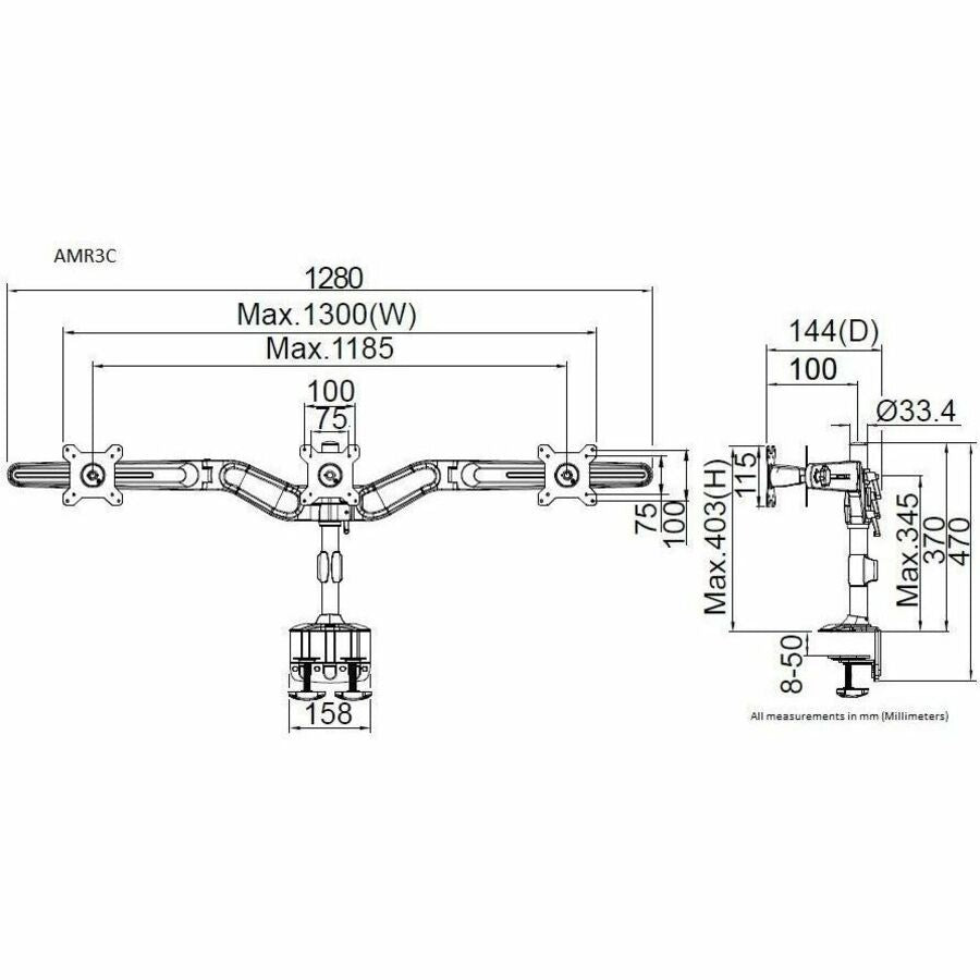 Amer Mounts Clamp Based Triple Monitor Mount for three 15-24" LCD/LED Flat Panel Screens" AMR3C