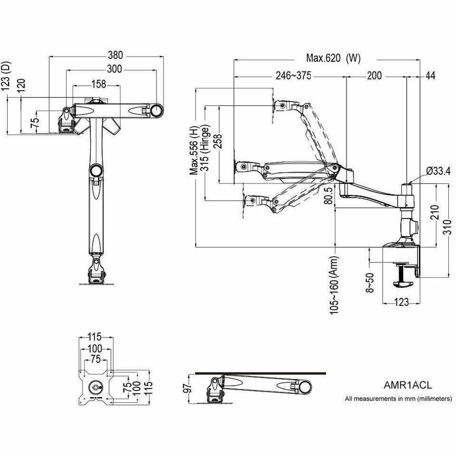 Amer Mounts Long Articulating Monitor Arm with Clamp Base for 15-26" LCD/LED Flat Screens" AMR1ACL