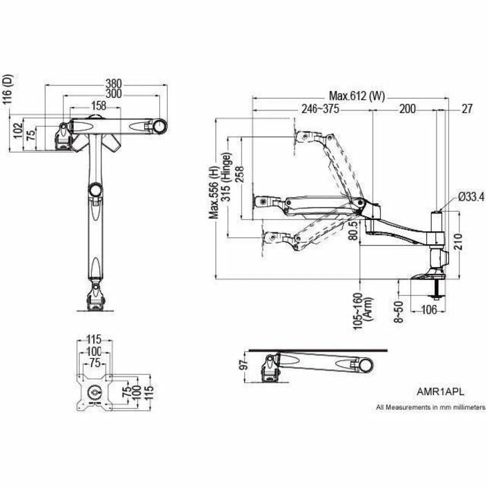 Amer Mounts Long Articulating Monitor Arm with Grommet Base for 15-26" LCD/LED Screens" AMR1APL