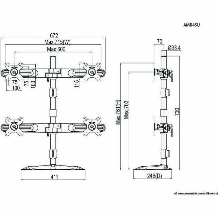 Amer Mounts Quad Monitor Stand Mount (2 over 2) Supports Flat Panel Sizes 15 to 24" AMR4SU"