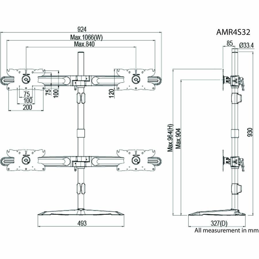 Amer Mounts Quad Monitor Stand Mount Supports Flat Panel Size up to 32 AMR4S32"