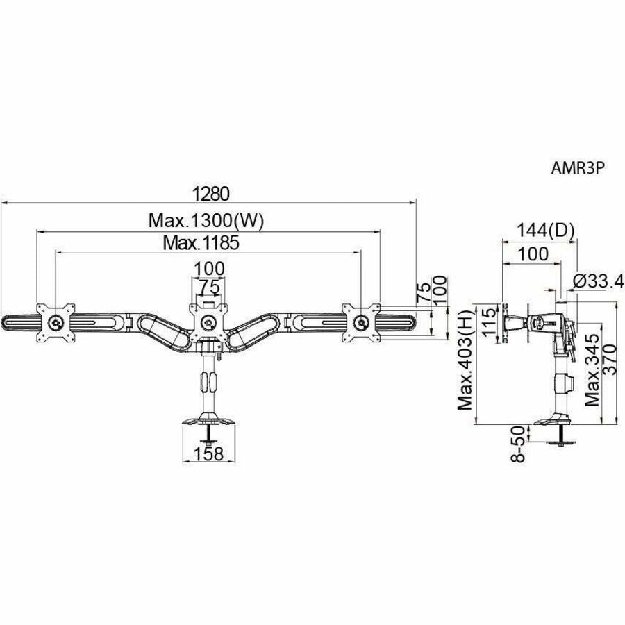 Amer Mounts Triple Monitor Grommet Mount Supports Flat Panel Sizes 15 to 24" AMR3P"