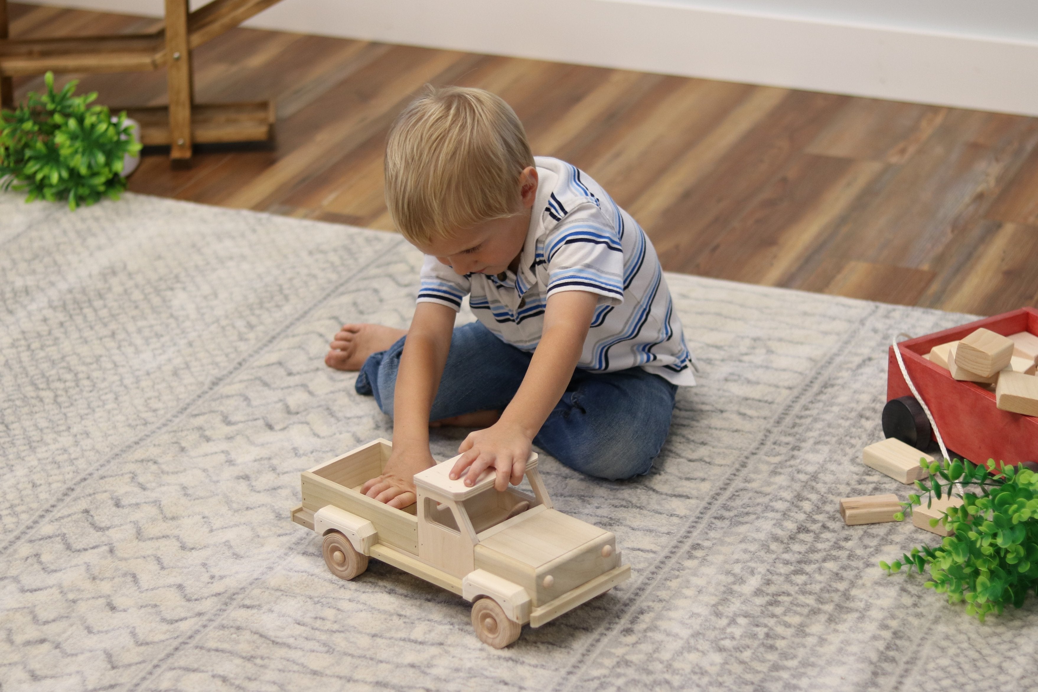Amish-Made Wooden Pickup Truck Toy with Hitch, Unfinished