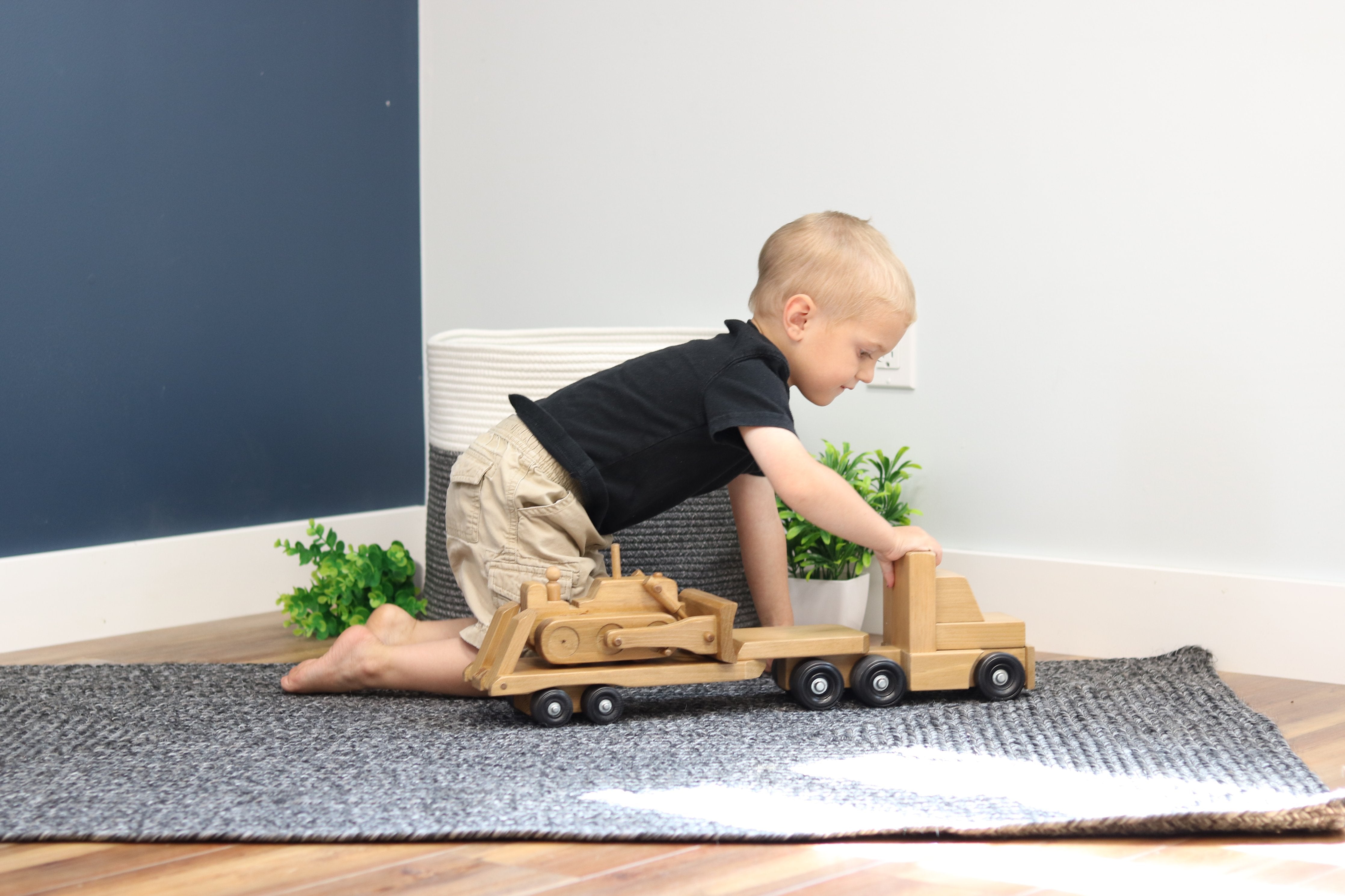 Amish-Made Wooden Toy Truck & Low Boy Flatbed Trailer with Bulldozer Set