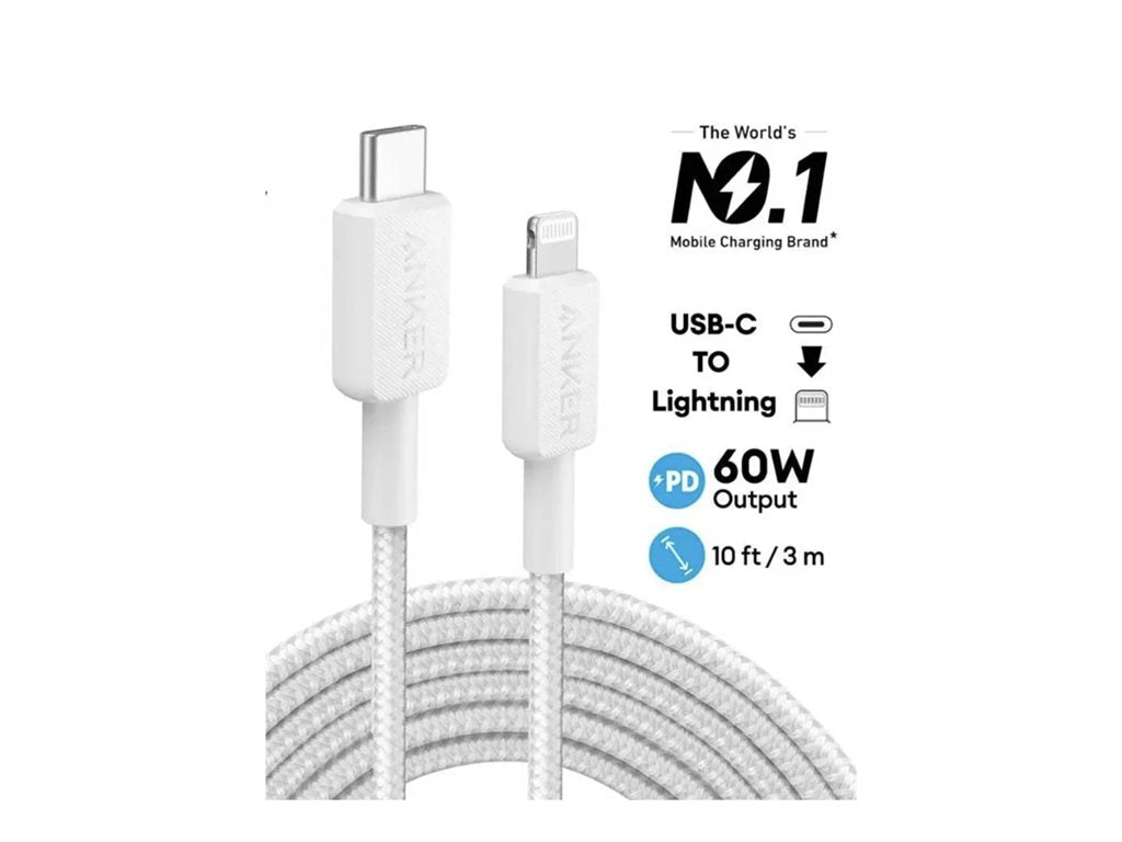 Anker 322 - Lightning cable - 24 pin USB-C male to Lightning male - 6 ft - white - braided cable