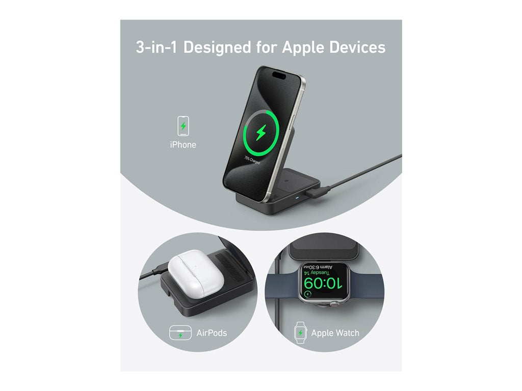 Anker MagGo - Wireless charging stand - 3-in-1, foldable + AC power adapter - 25 Watt - black B2557J11-1