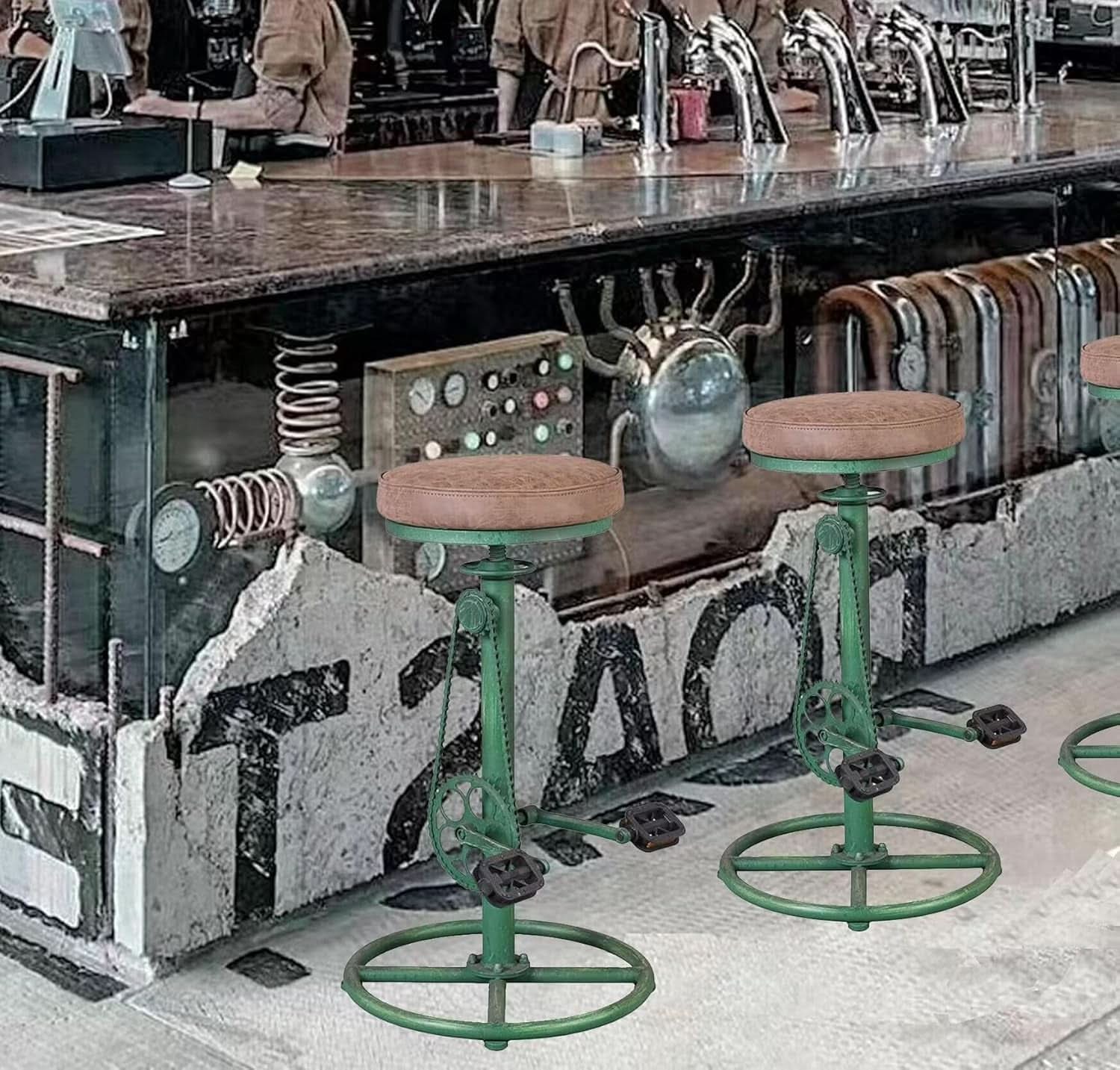 Antique Green Height Adjustable Bar Stool Set Of 2 With Bicycle Wheel Design