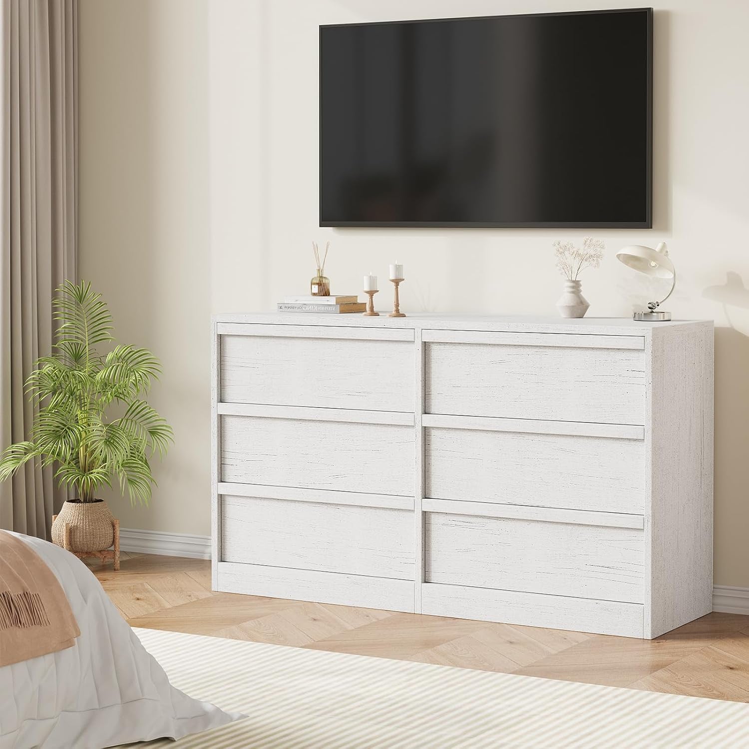 Antique White 47 Inch Six Drawer Dresser For Bedroom
