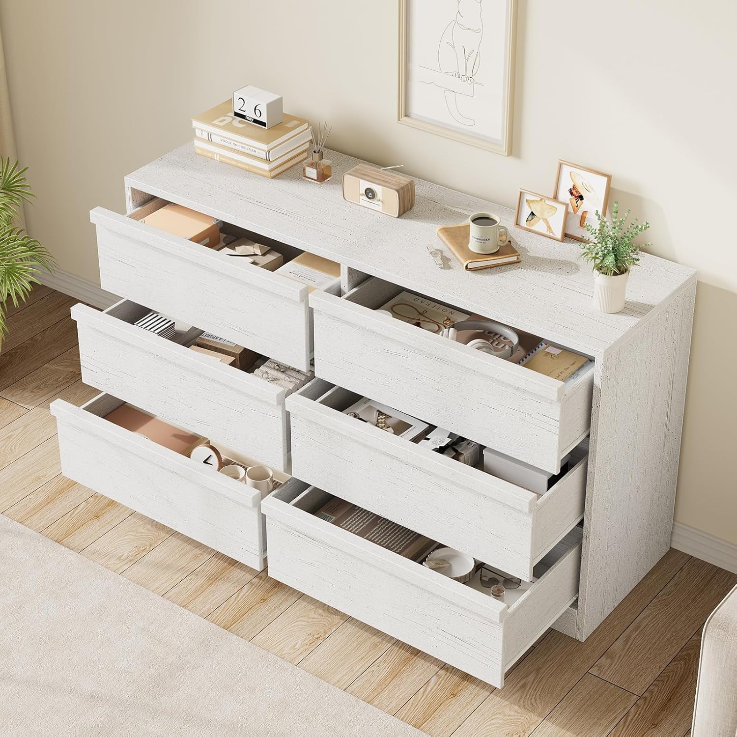 Antique White 47 Inch Six Drawer Dresser For Bedroom