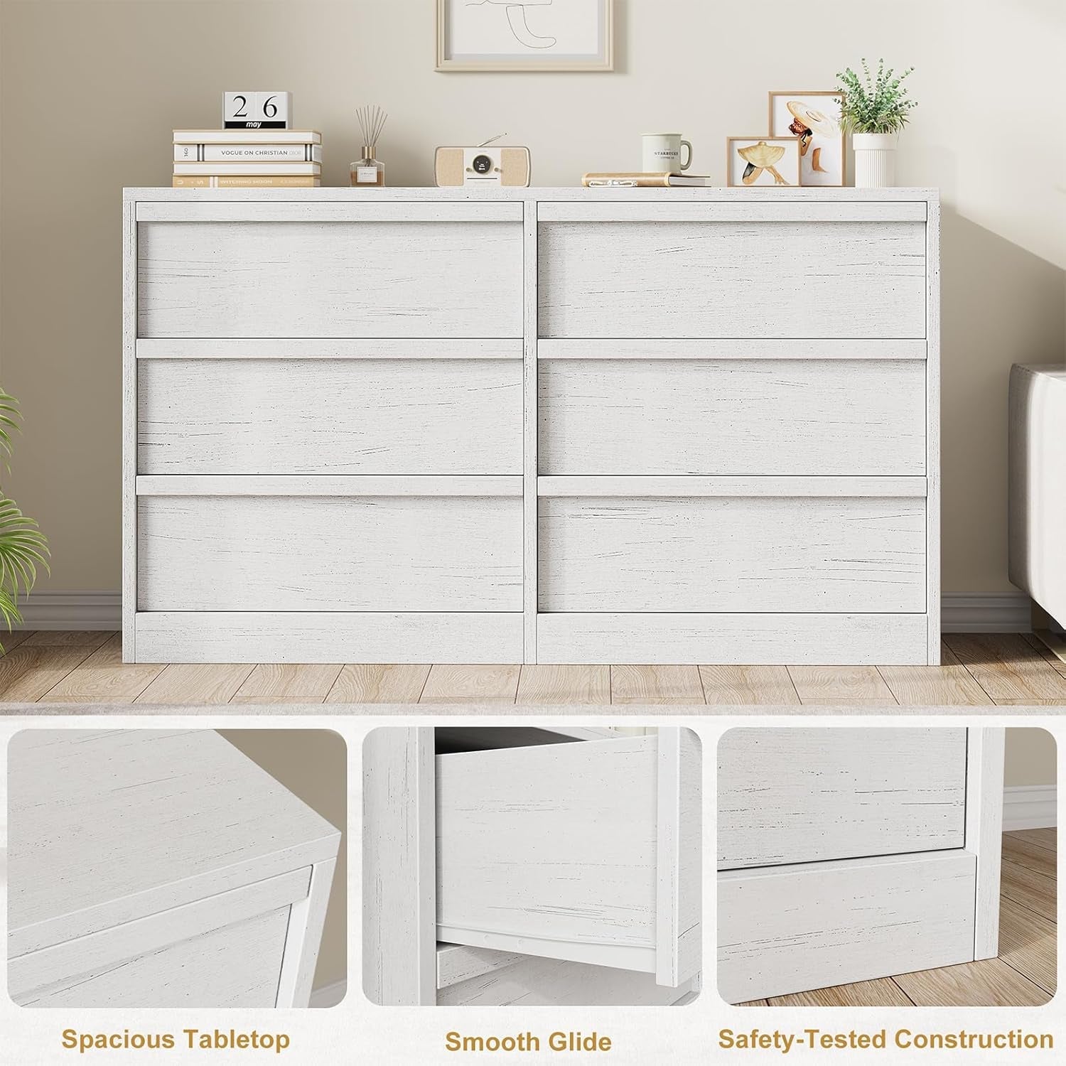 Antique White 47 Inch Six Drawer Dresser For Bedroom