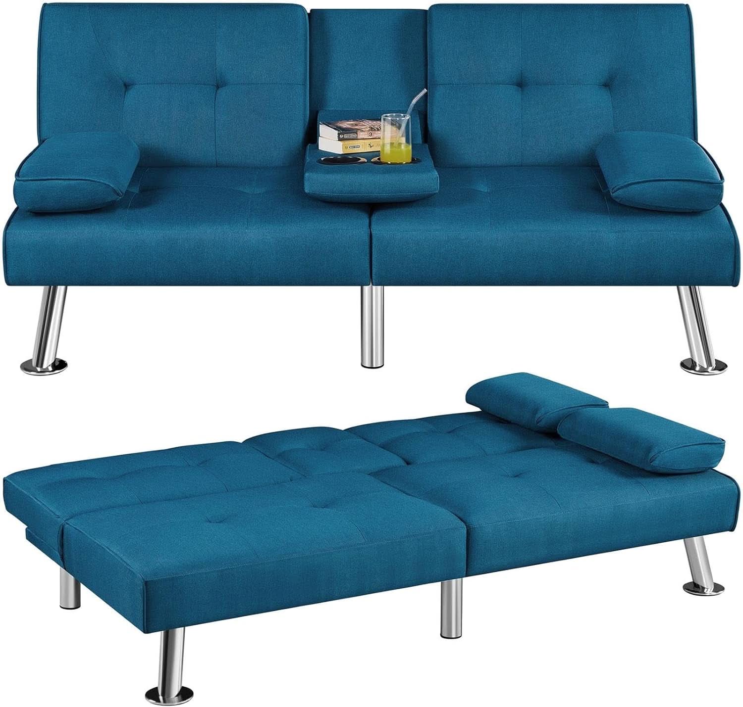 Aqua Blue Convertible Sofa Bed With Adjustable Angles