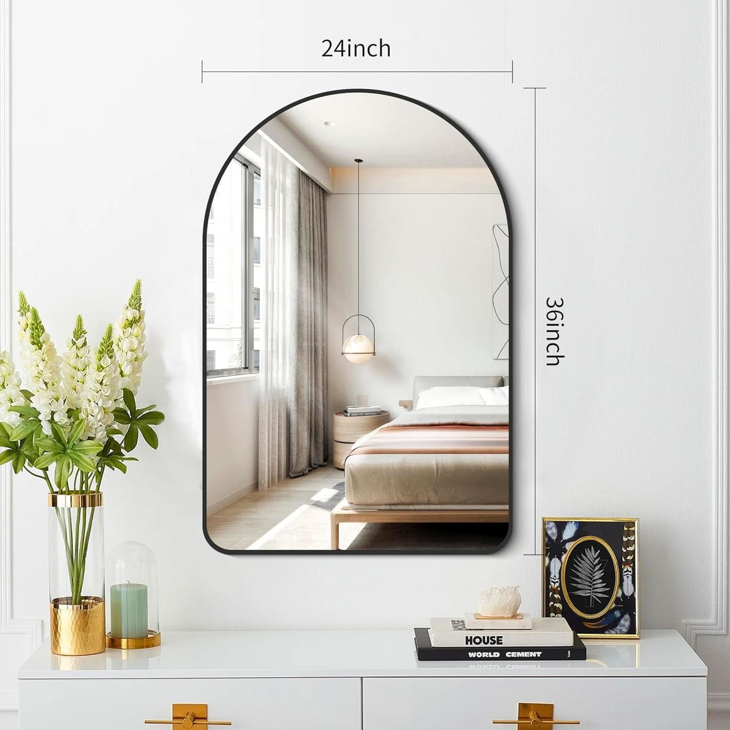 Arched Bathroom Mirror 24x36 Inches Black Aluminum Frame