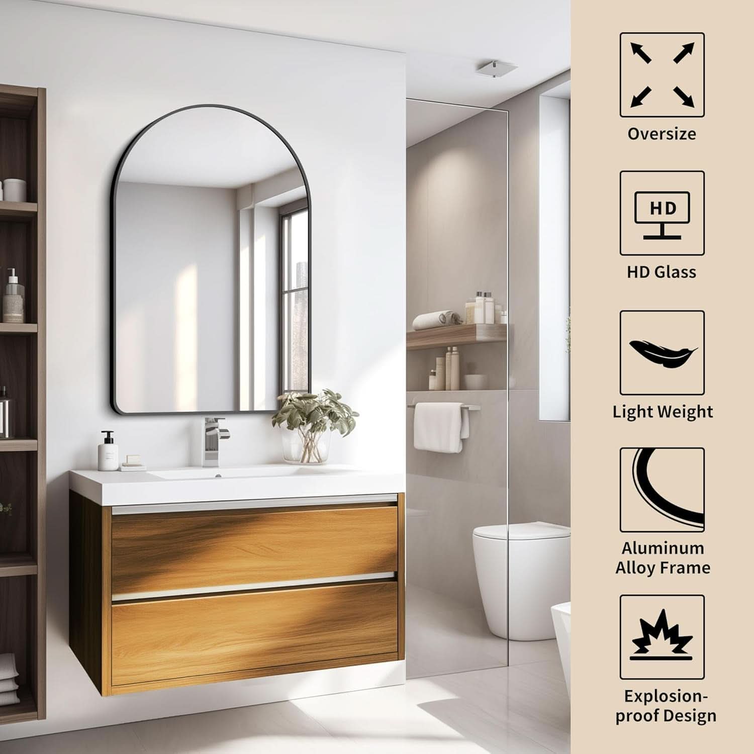 Arched Bathroom Mirror 24x36 Inches Black Aluminum Frame
