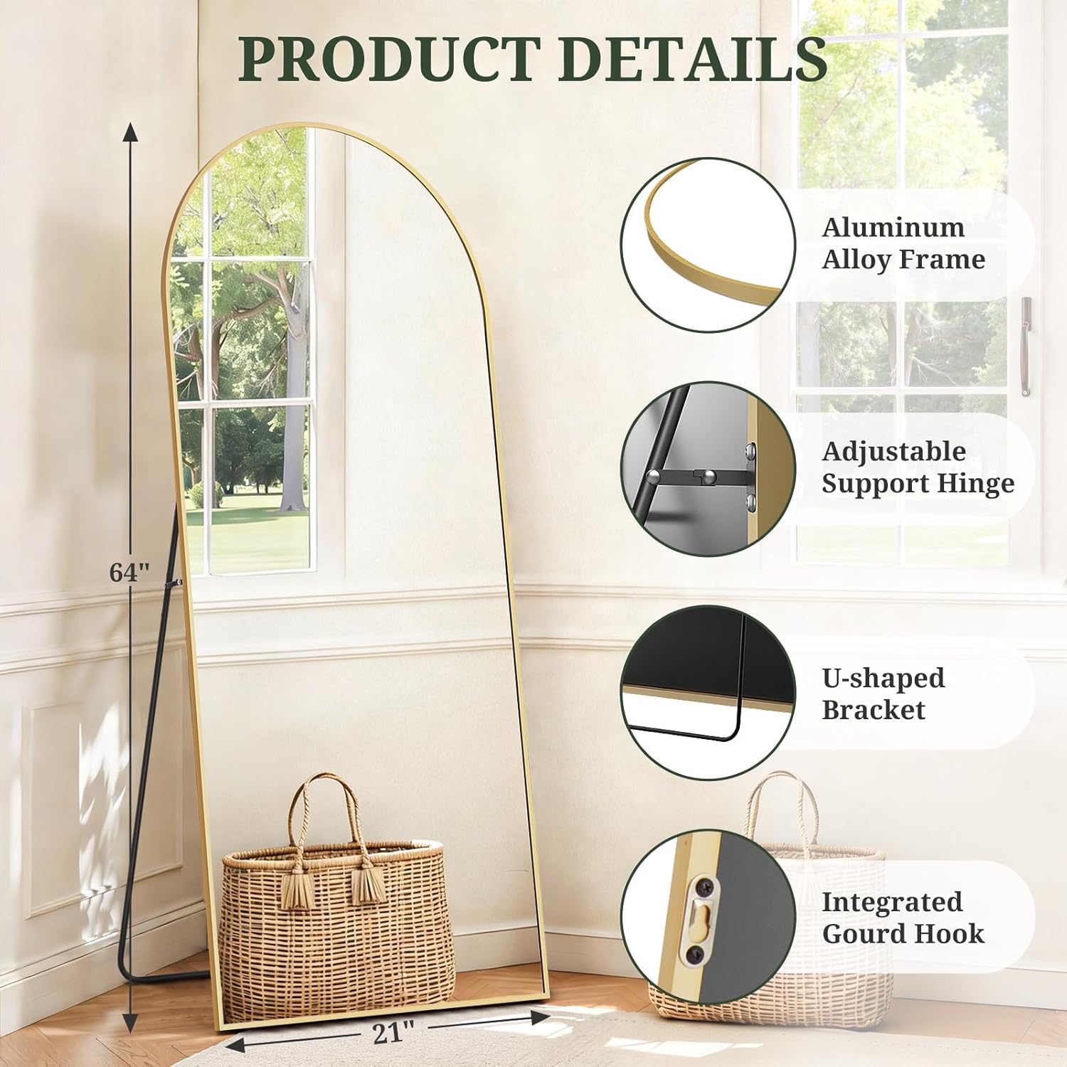 Arched Full Length Mirror 64x21 In Gold For Wall Bedroom Living Room
