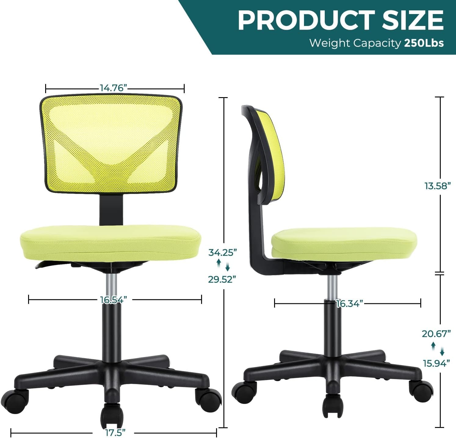 Armless Desk Chair With Wheels Ergonomic Green Mesh Back