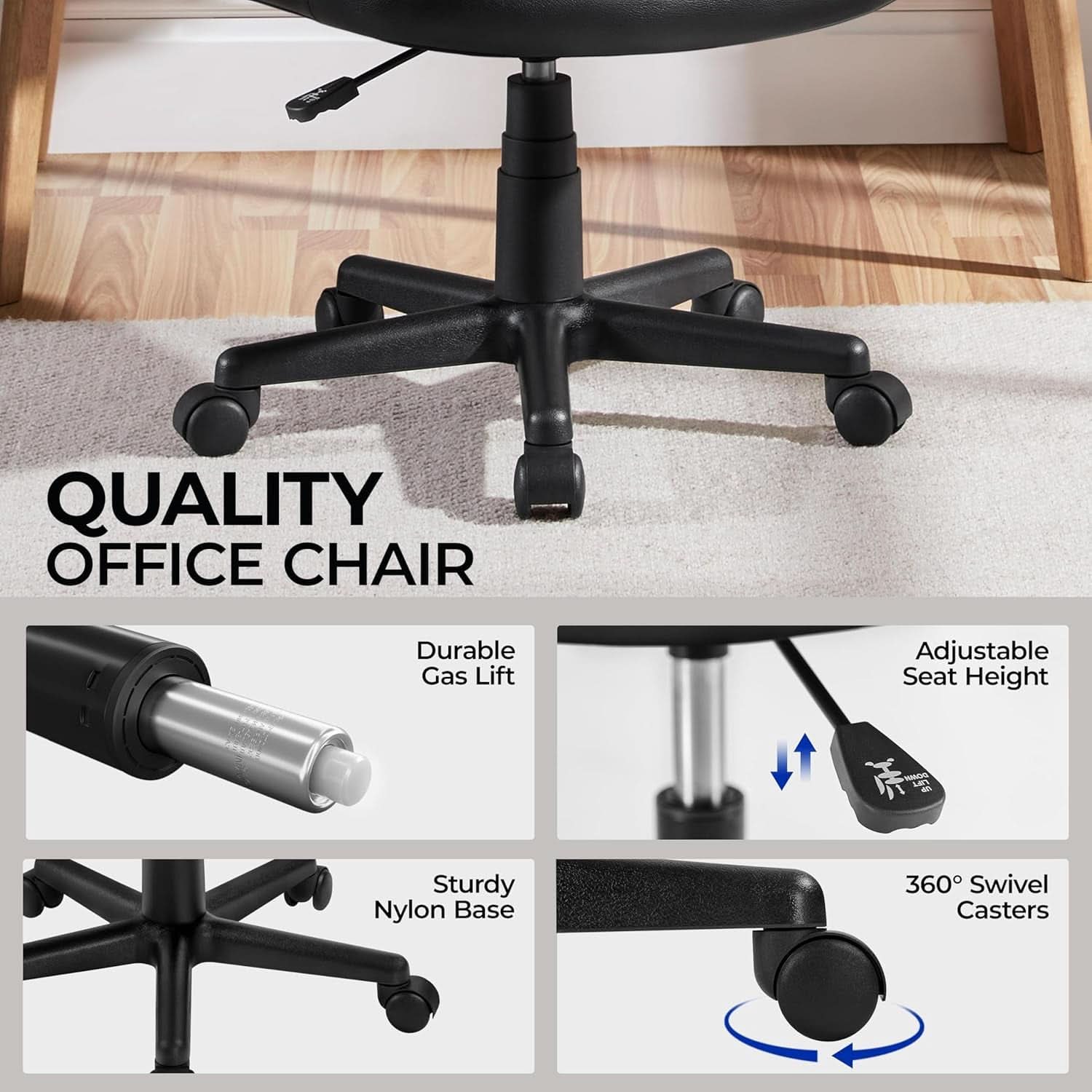 Armless Ergonomic Office Chair Black PU Leather Swivel