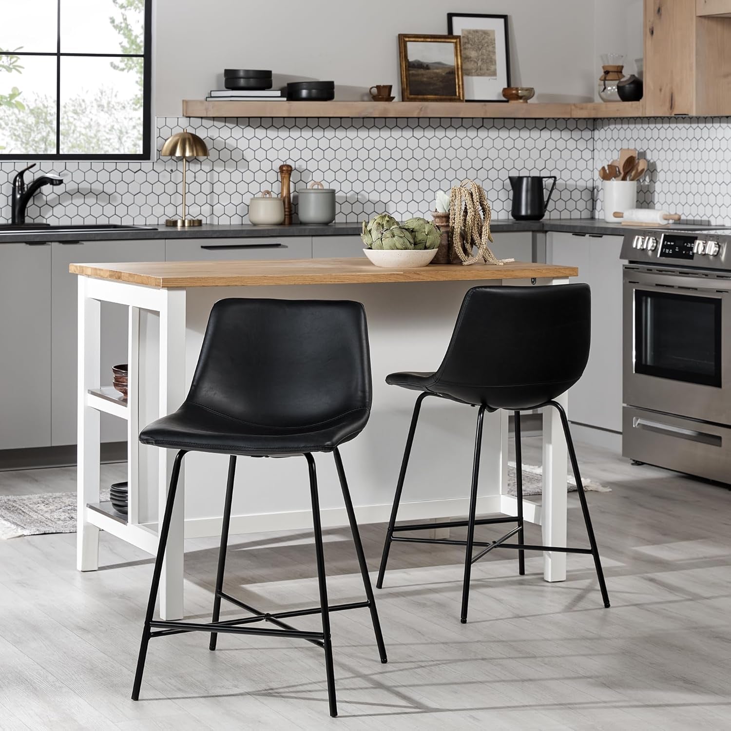 Armless Faux Leather Counter Stools Pair Black Steel Base