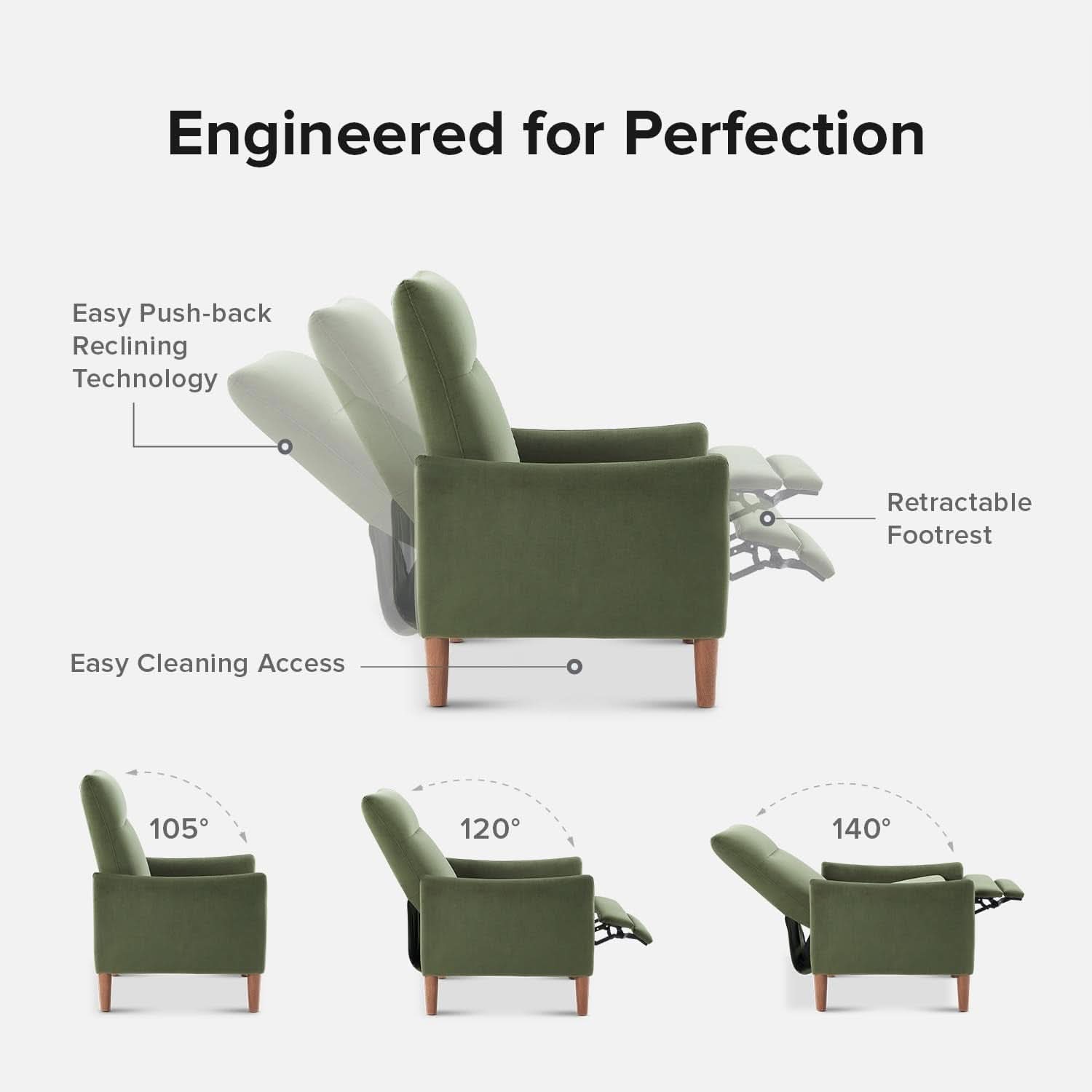 Arthur Olive Green Velvet Recliner Chair With 3 Positions