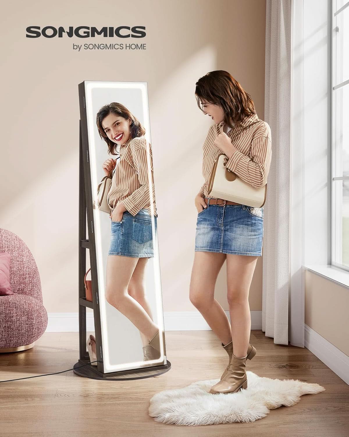 Ash Brown Lockable LED Full Length Mirror Jewelry Cabinet