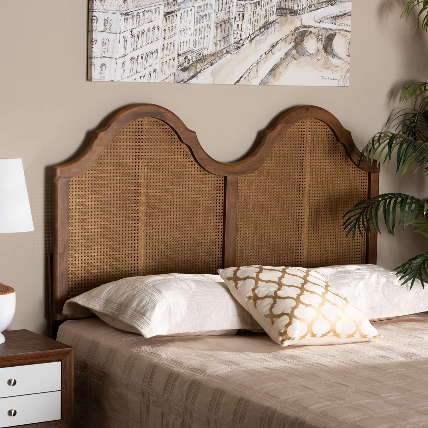 Ash Walnut Full Headboard With Woven Detailing Durable Rubberwood Construction For Bedroom Furniture
